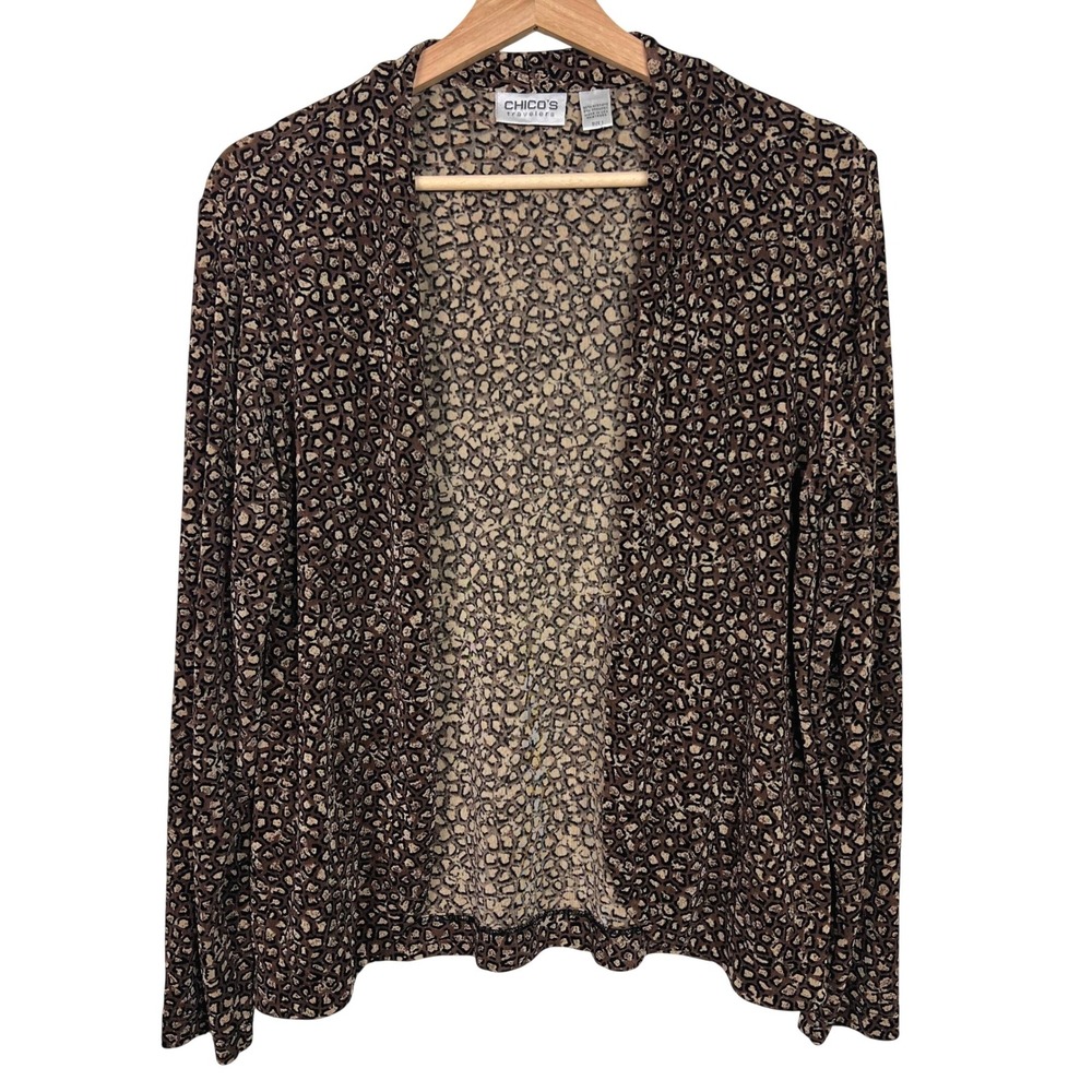 Chicos Travelers Animal Print Open Front Long Sleeve Cardigan Women Size 1 (Med)